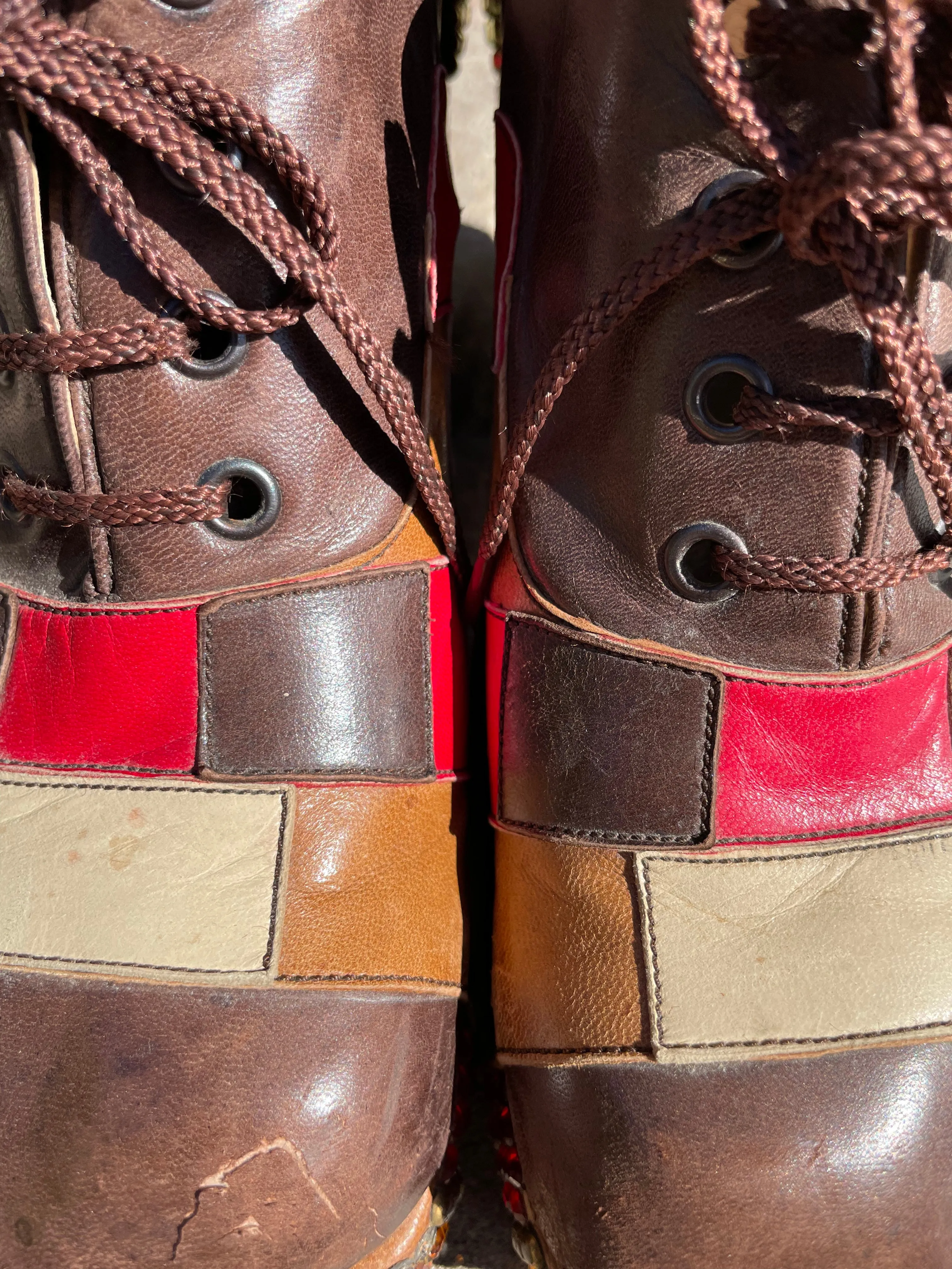 Rare Late 60s Early 70s Patchwork Leather Rhinestone Platforms