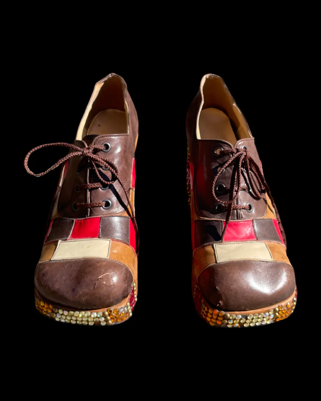 Rare Late 60s Early 70s Patchwork Leather Rhinestone Platforms