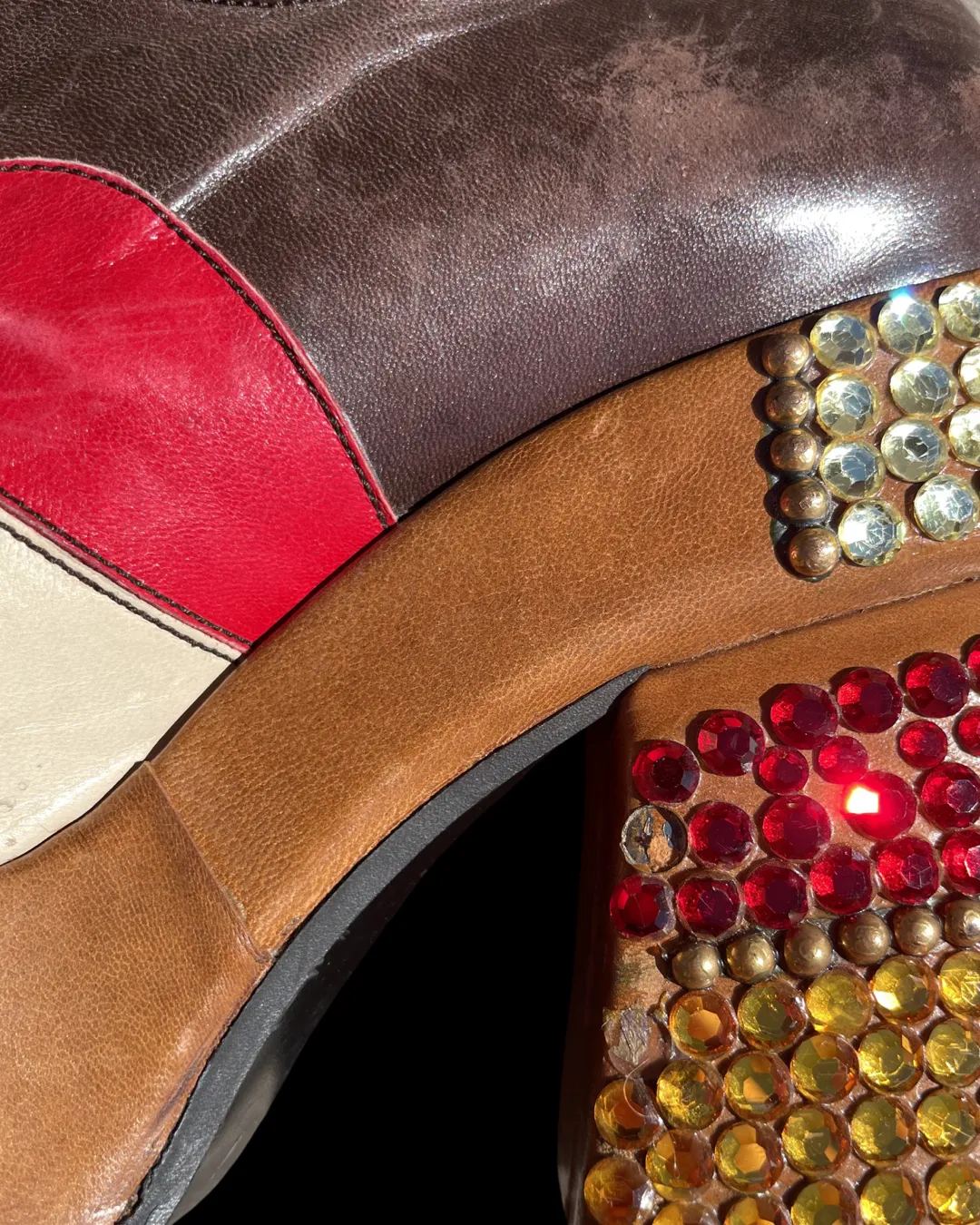 Rare Late 60s Early 70s Patchwork Leather Rhinestone Platforms