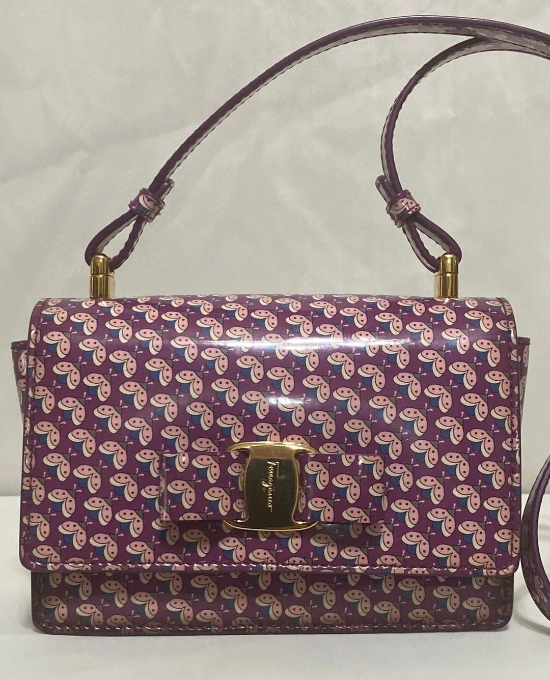 Rare Salvatore Ferragamo Patent Leather Mini Vara Bag In Ladybug Print