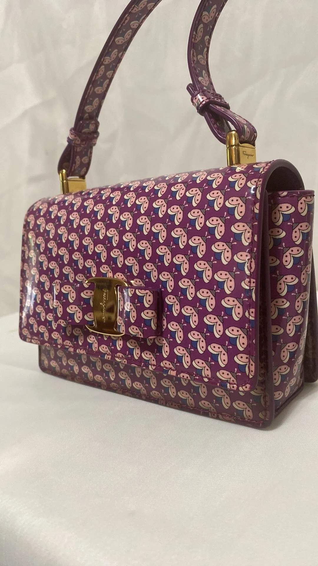 Rare Salvatore Ferragamo Patent Leather Mini Vara Bag In Ladybug Print