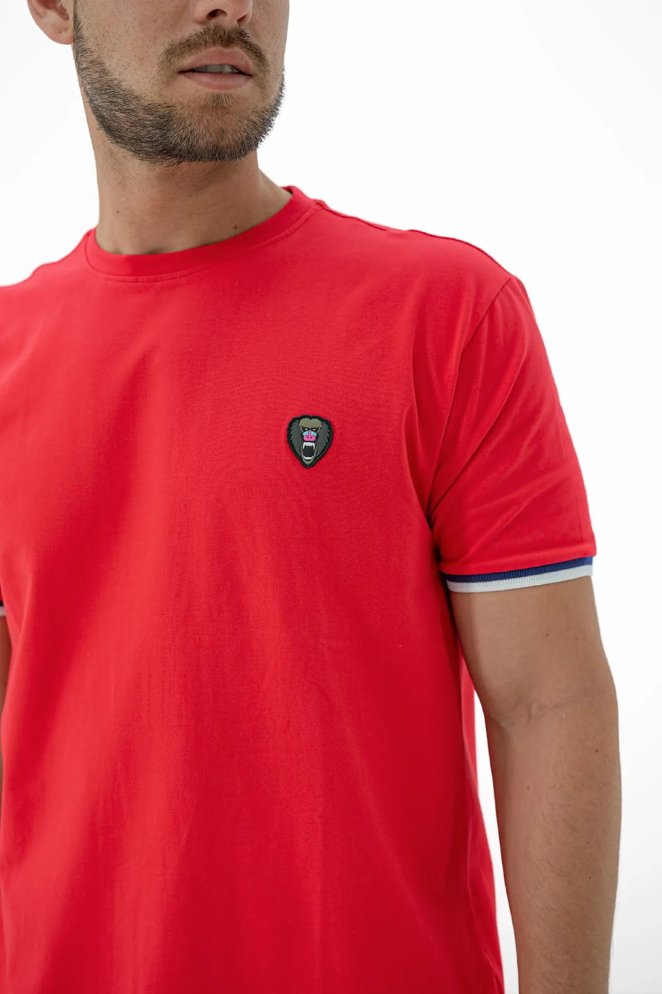 RED CUFF NAVY/WHITE RIBBED CREW NECK