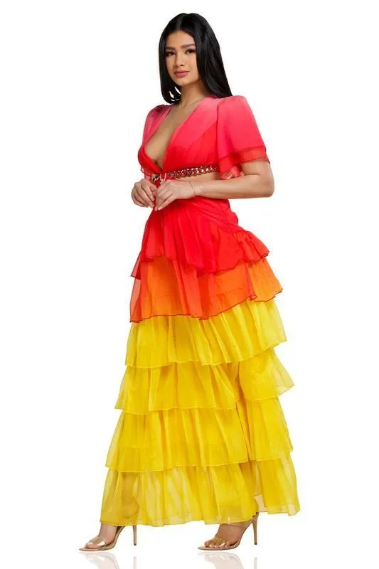 RED YELLOW OPEN BACK CHIFFON MAXI DRESS