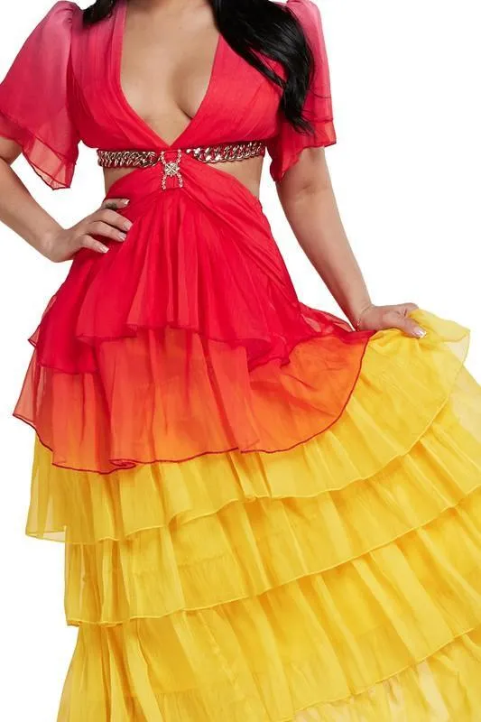 RED YELLOW OPEN BACK CHIFFON MAXI DRESS