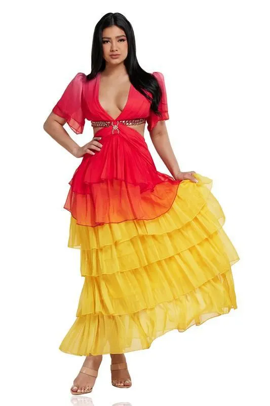 RED YELLOW OPEN BACK CHIFFON MAXI DRESS