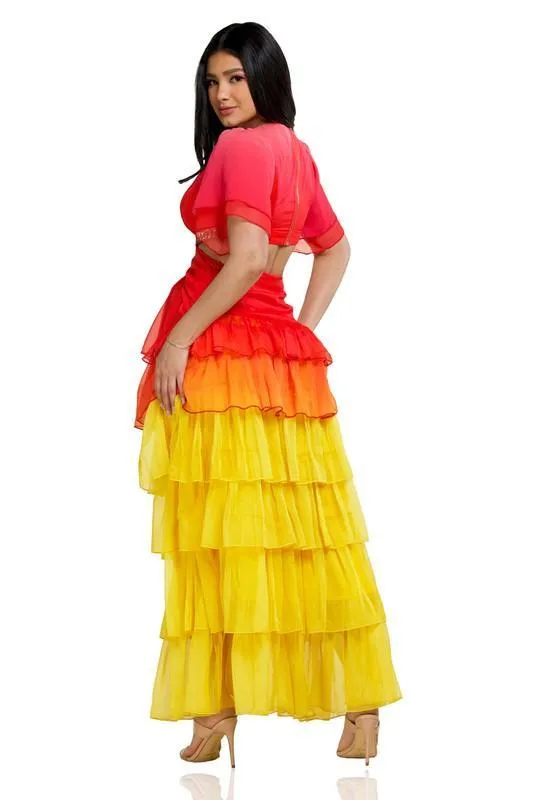 RED YELLOW OPEN BACK CHIFFON MAXI DRESS