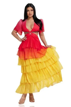RED YELLOW OPEN BACK CHIFFON MAXI DRESS