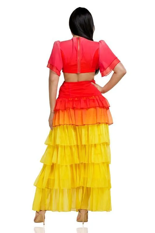 RED YELLOW OPEN BACK CHIFFON MAXI DRESS