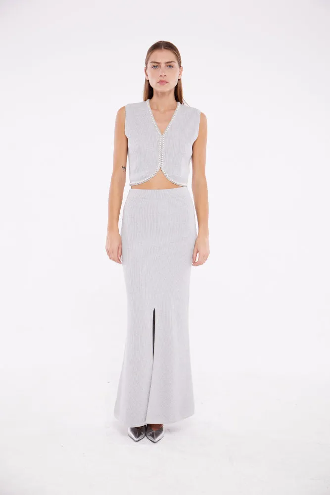 Ribbed Maxi Skirt with Slit in Ash