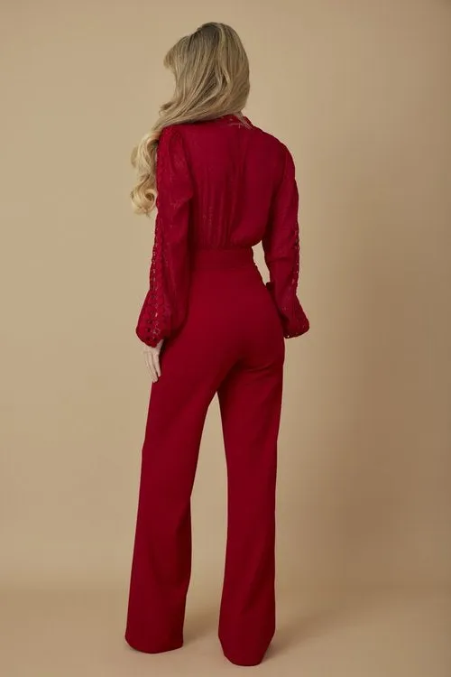 ROSAURA RED CROCHET LACE JUMPSUIT – ELEGANT LONG-SLEEVE WIDE-LEG ONE-PIECE