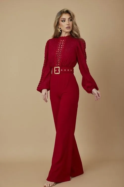 ROSAURA RED CROCHET LACE JUMPSUIT – ELEGANT LONG-SLEEVE WIDE-LEG ONE-PIECE
