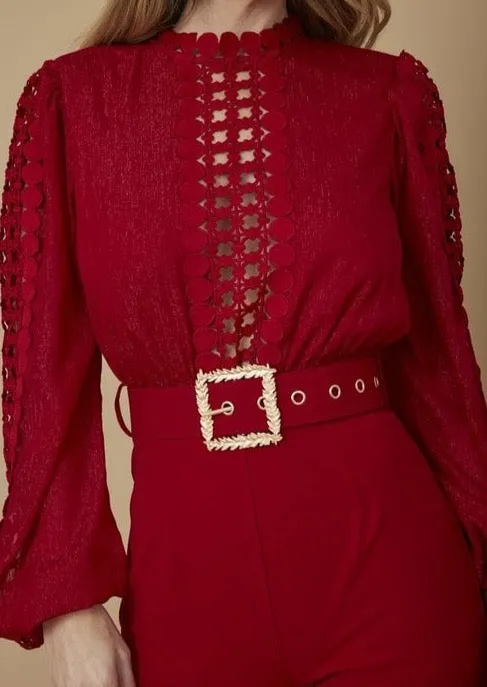 ROSAURA RED CROCHET LACE JUMPSUIT – ELEGANT LONG-SLEEVE WIDE-LEG ONE-PIECE