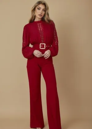 ROSAURA RED CROCHET LACE JUMPSUIT – ELEGANT LONG-SLEEVE WIDE-LEG ONE-PIECE