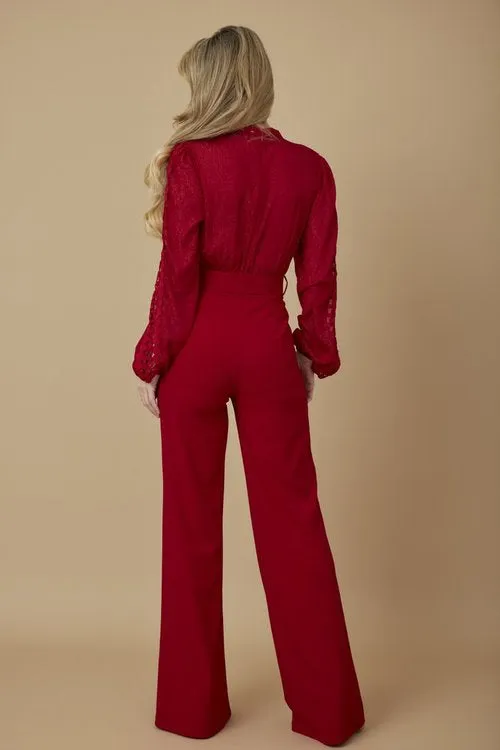 ROSAURA RED CROCHET LACE JUMPSUIT – ELEGANT LONG-SLEEVE WIDE-LEG ONE-PIECE