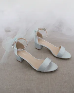 Satin Block Heel Sandals with Tulle Back Bow with Embellished Rhinestones Strap