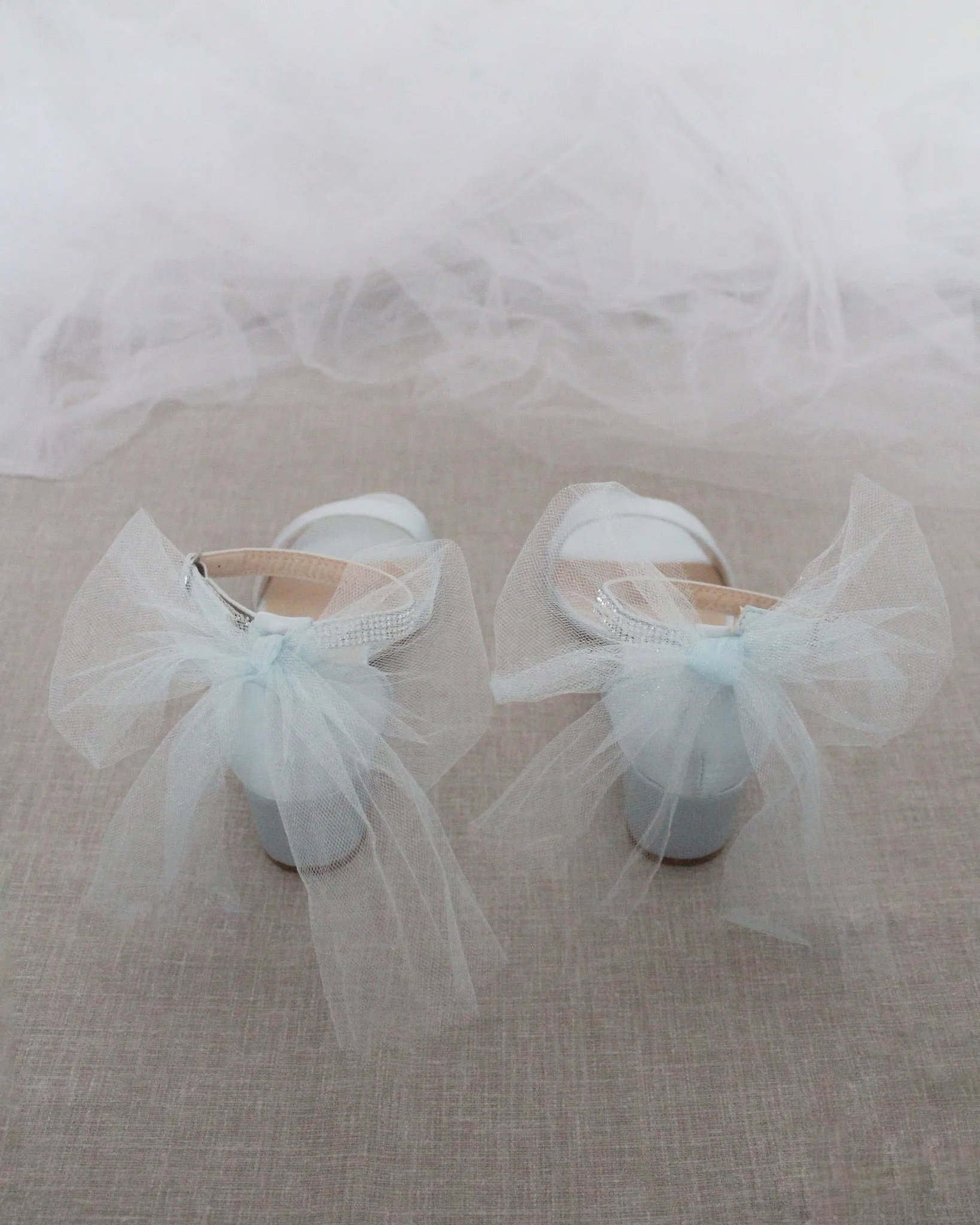 Satin Block Heel Sandals with Tulle Back Bow with Embellished Rhinestones Strap