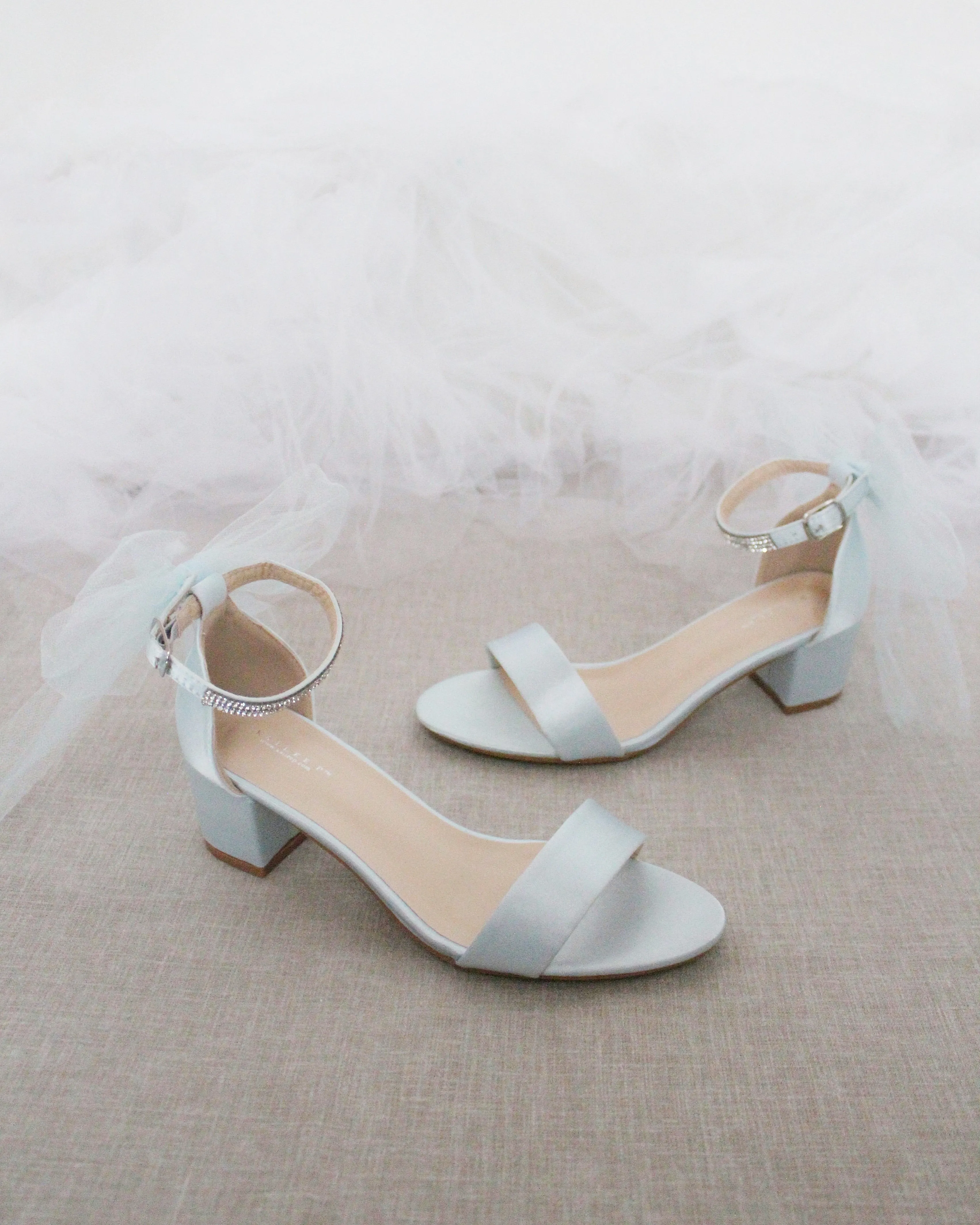 Satin Block Heel Sandals with Tulle Back Bow with Embellished Rhinestones Strap