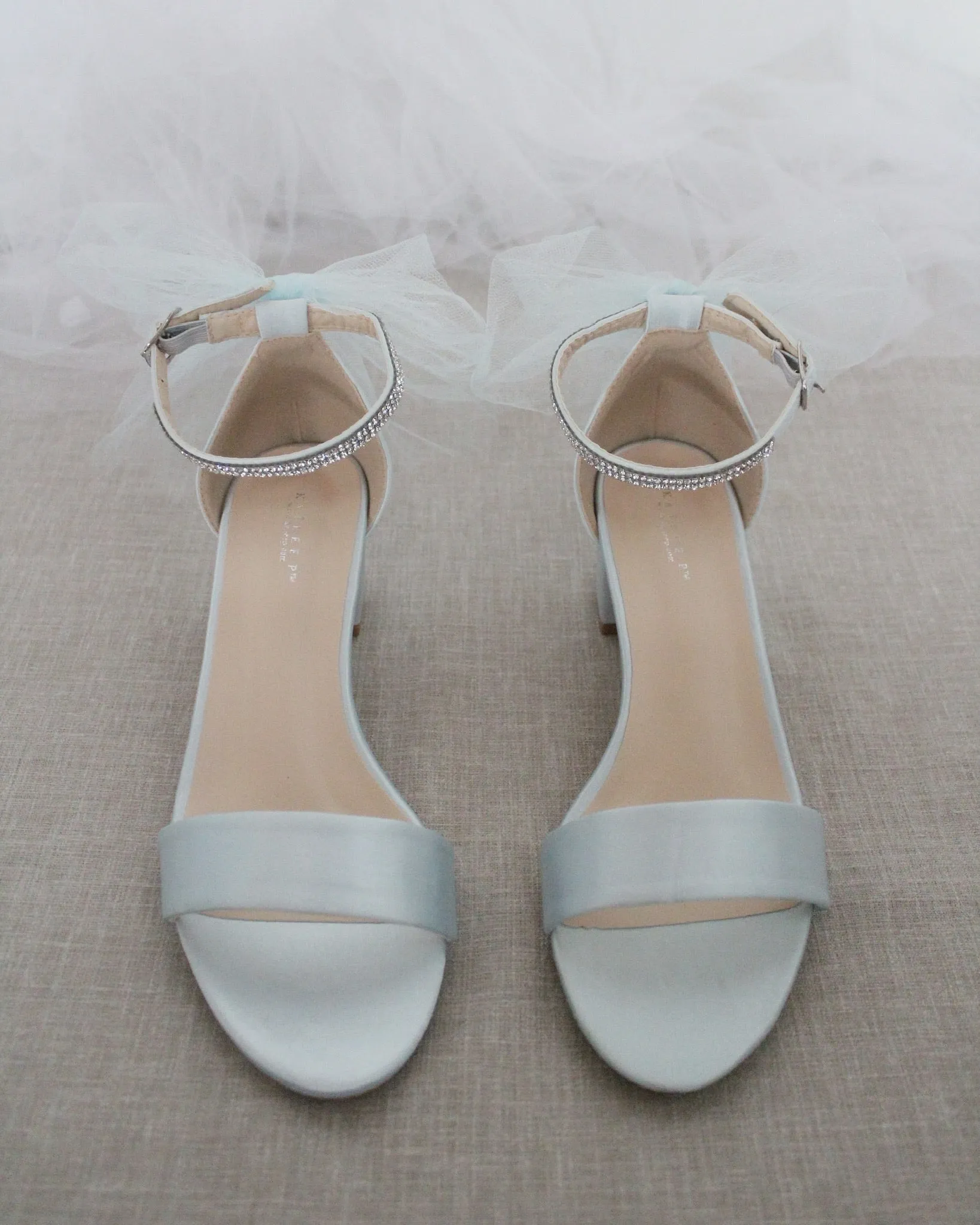 Satin Block Heel Sandals with Tulle Back Bow with Embellished Rhinestones Strap