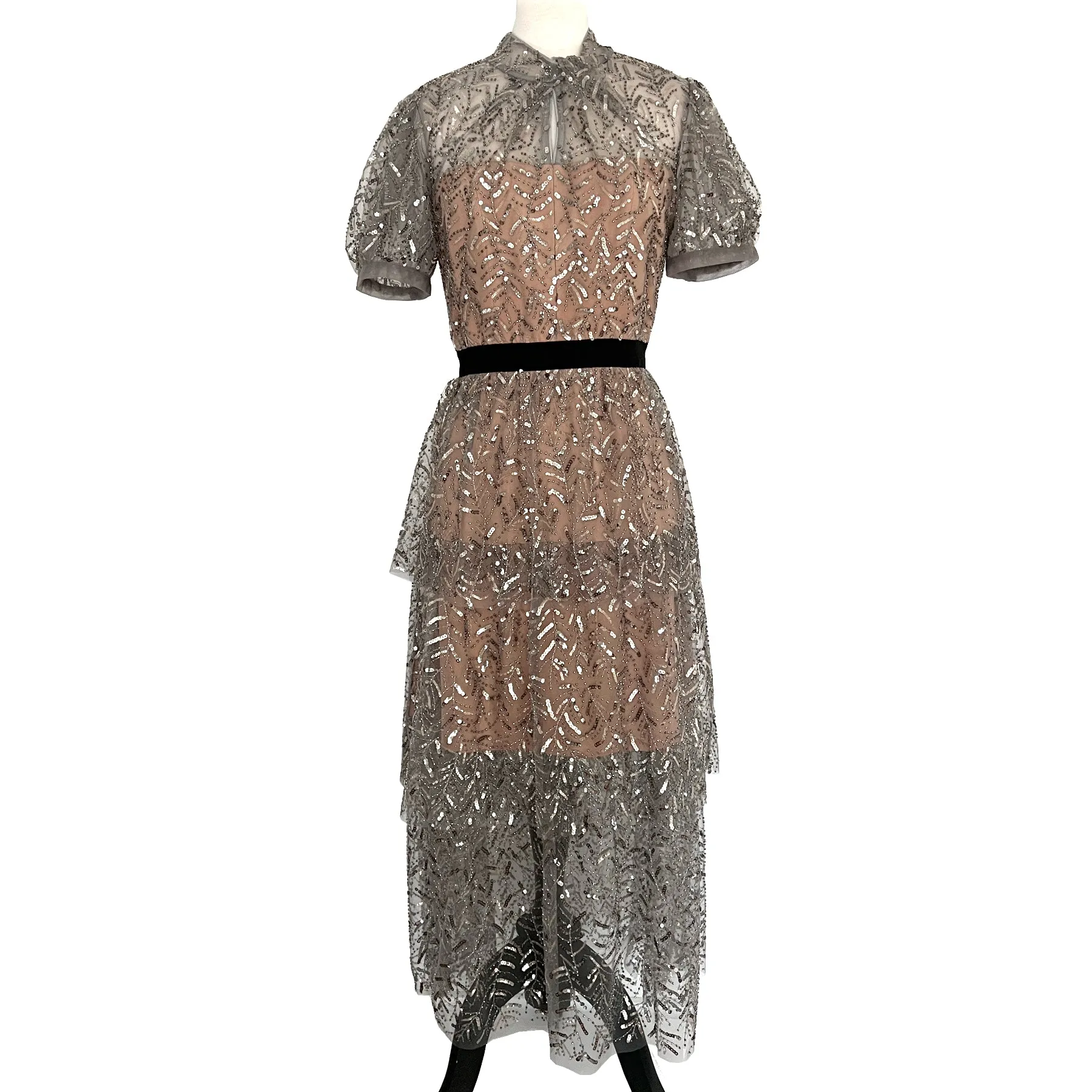 Self Portrait Puff Short Sleeve Leaf Sequin Midi Dress Size US 4