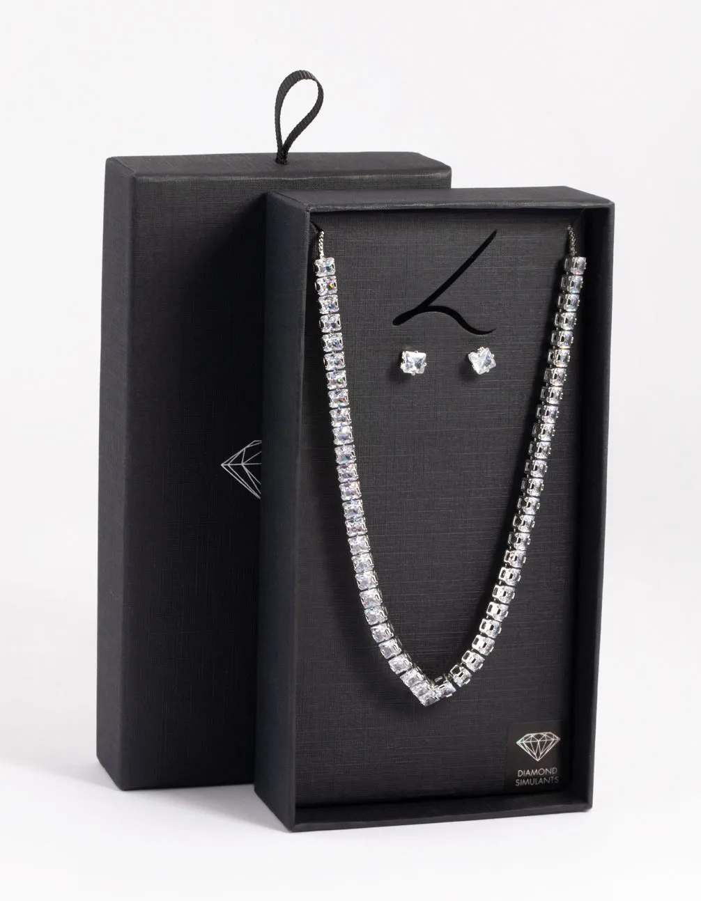 Silver Diamond Simulant Square Necklace & Earrings Set