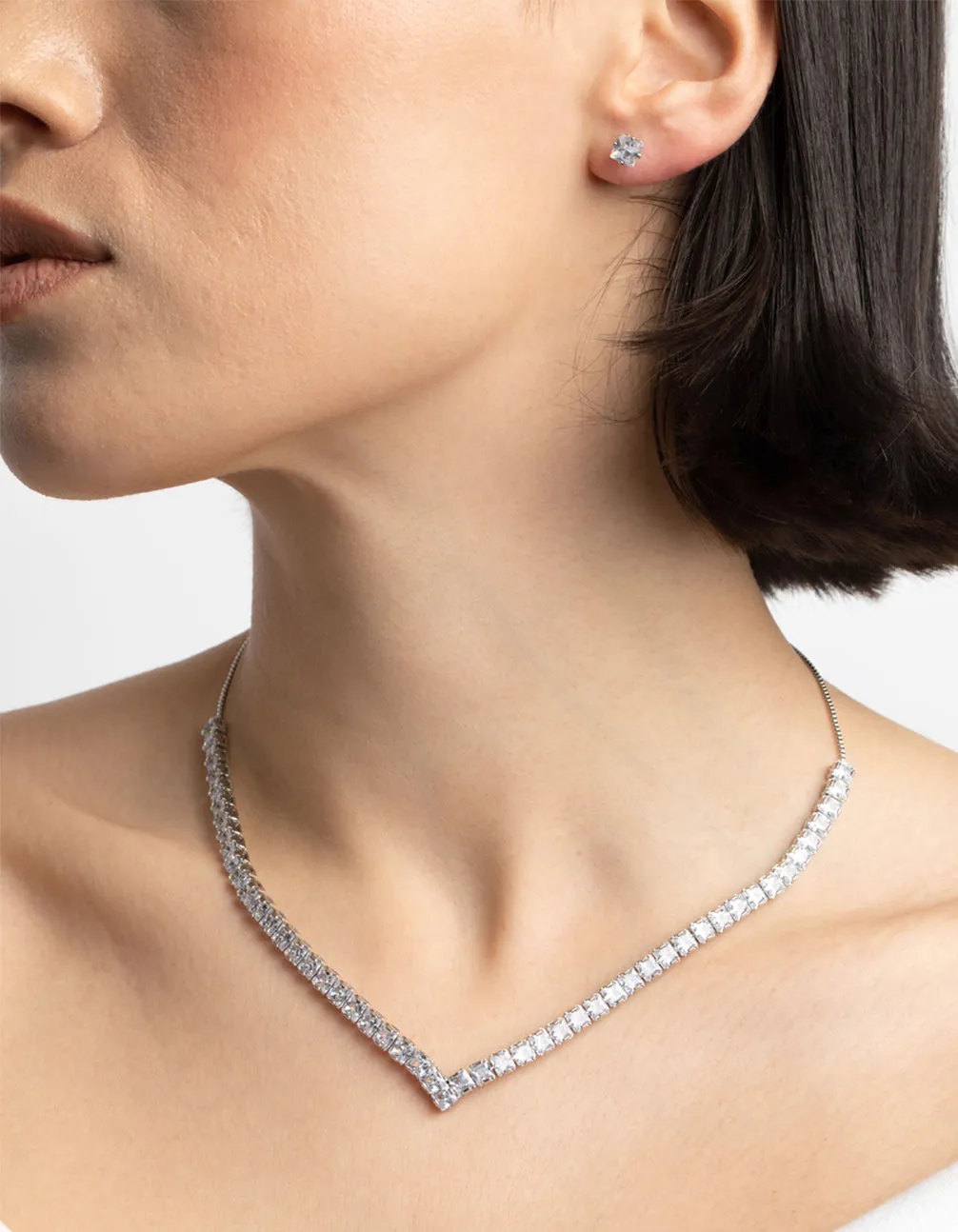 Silver Diamond Simulant Square Necklace & Earrings Set