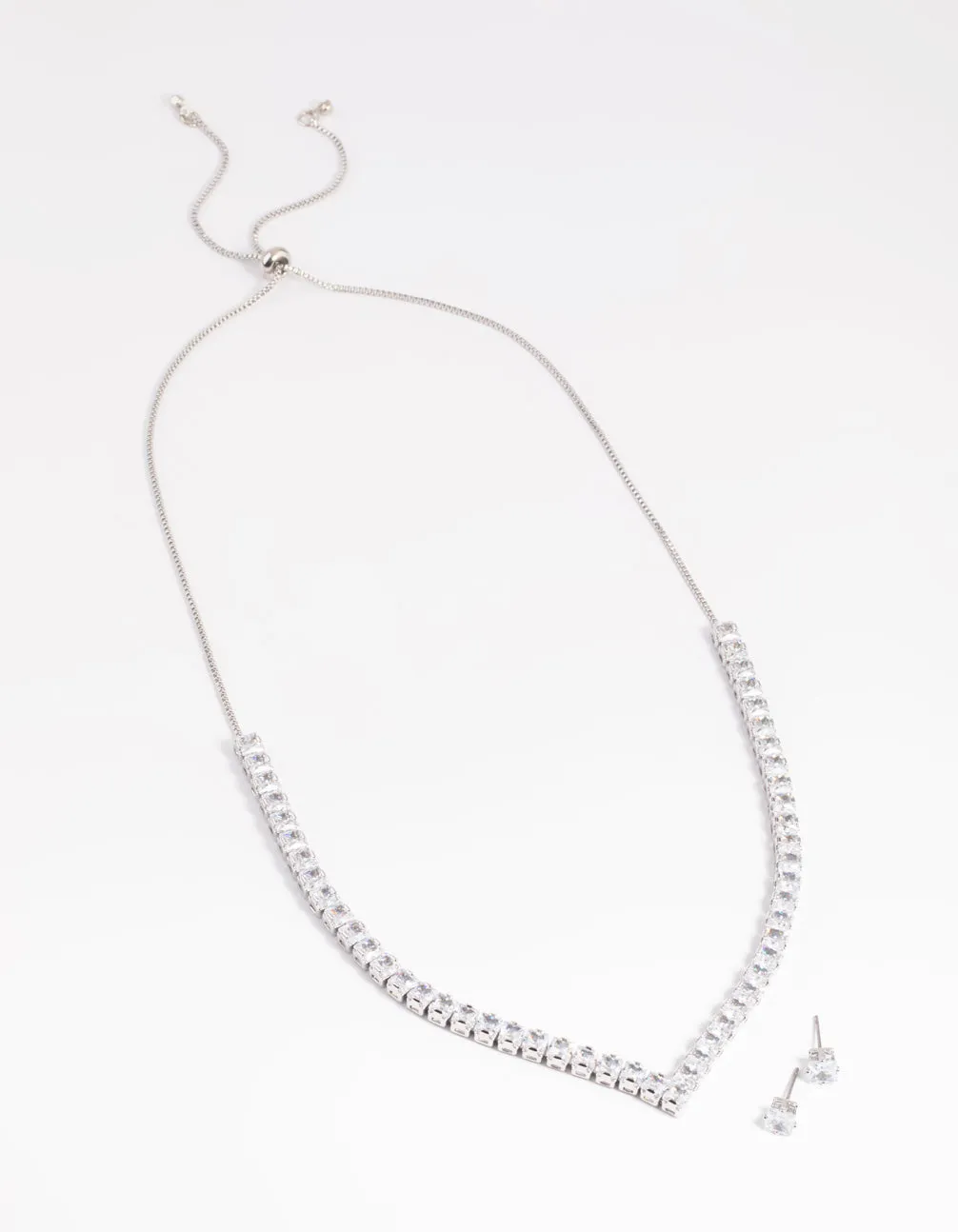 Silver Diamond Simulant Square Necklace & Earrings Set