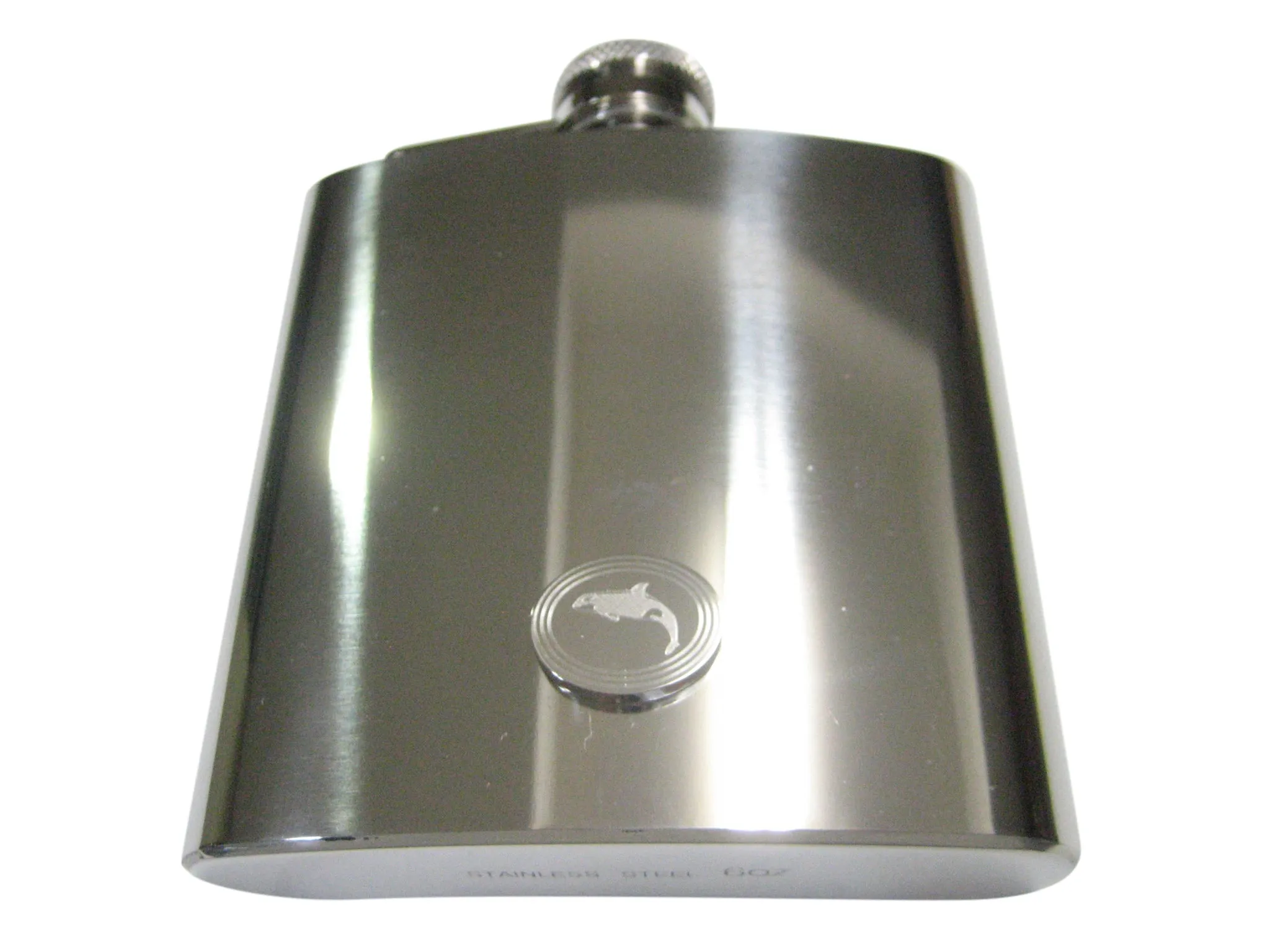 Silver Toned Etched Oval Jumping Killer Whale Orca 6oz Flask