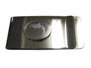 Silver Toned Etched Oval Jumping Killer Whale Orca Money Clip