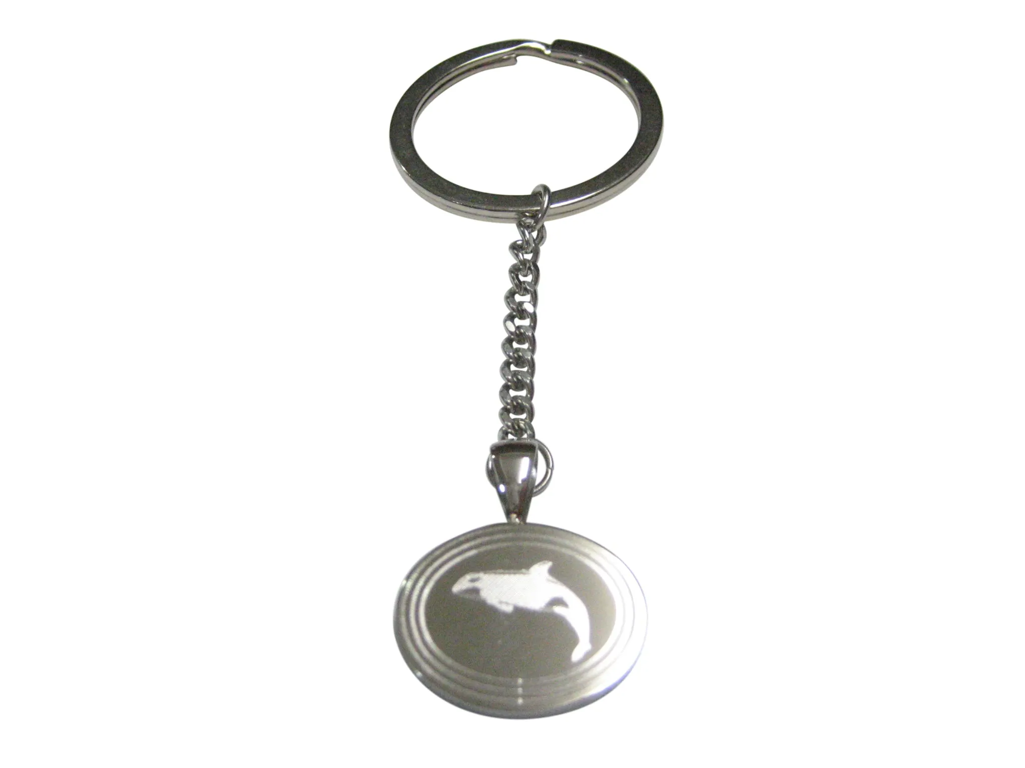 Silver Toned Etched Oval Jumping Killer Whale Orca Pendant Keychain