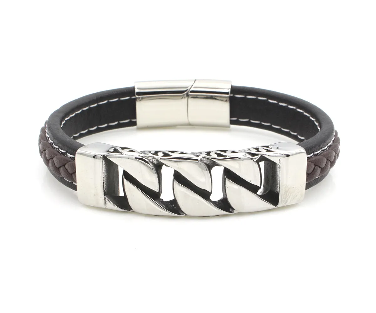 Stainless Steel Accent Braided Leather Bracelet