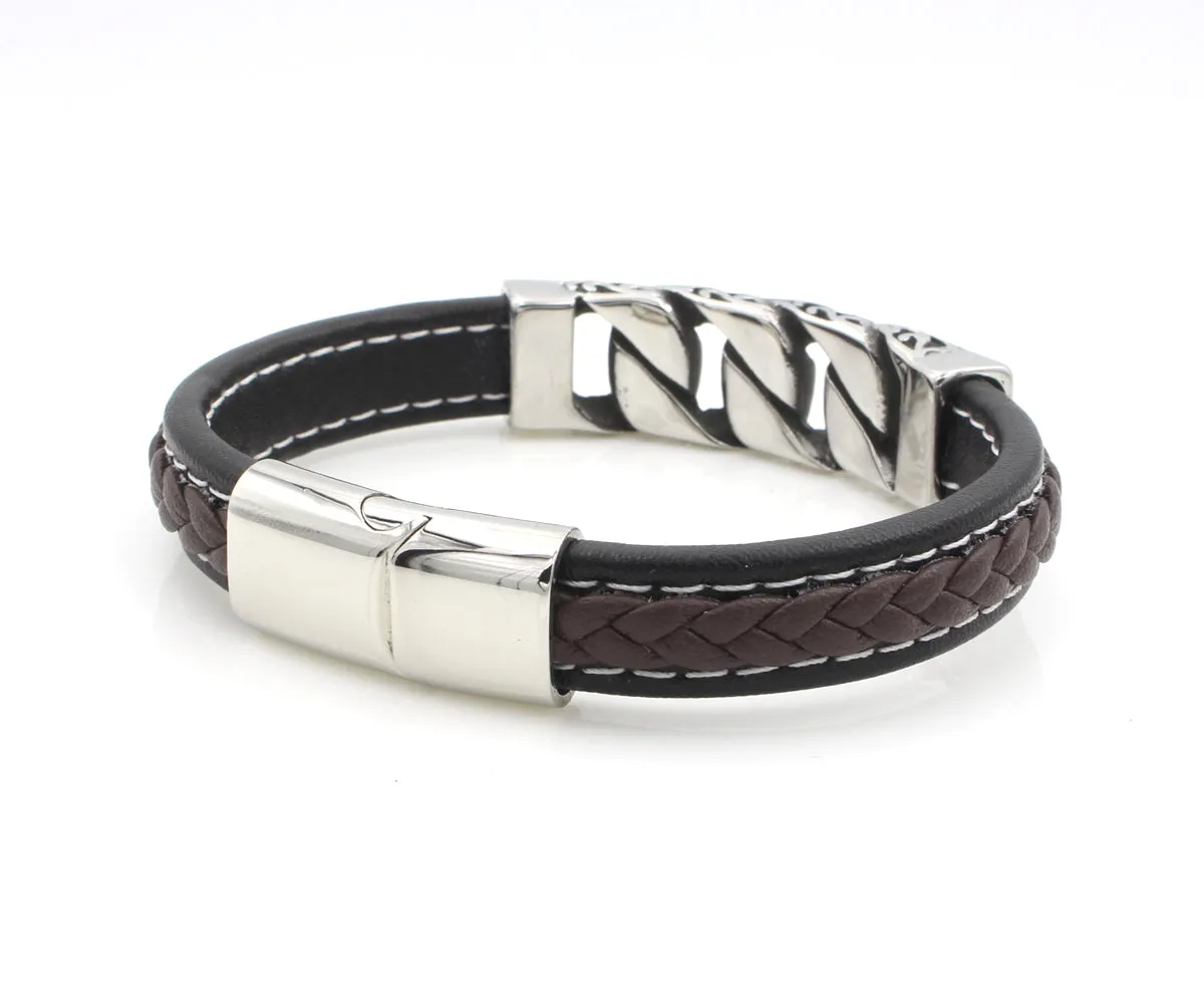 Stainless Steel Accent Braided Leather Bracelet