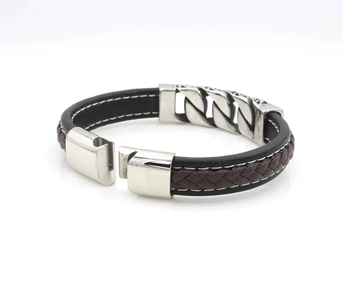 Stainless Steel Accent Braided Leather Bracelet