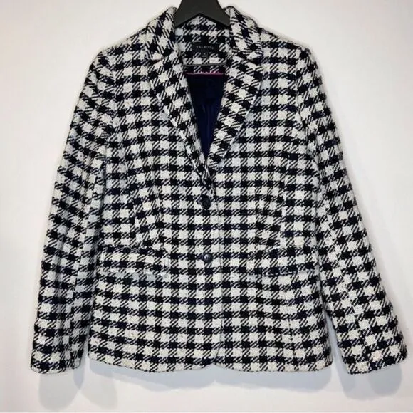 Talbots wool blend blazer navy &amp; cream houndstooth rainbow speckles Size 16