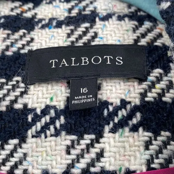 Talbots wool blend blazer navy &amp; cream houndstooth rainbow speckles Size 16