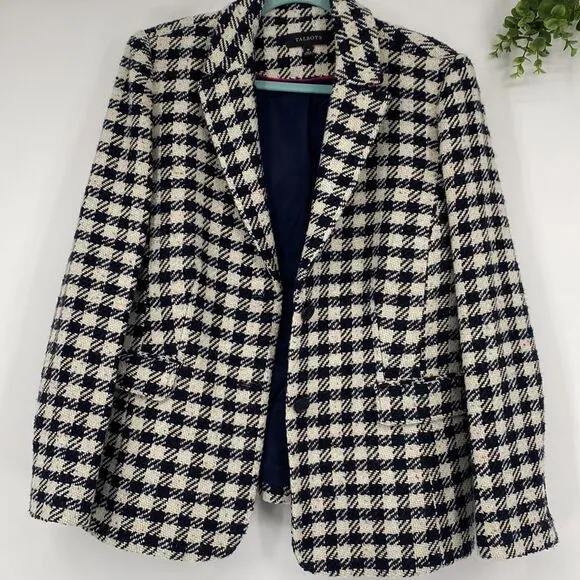 Talbots wool blend blazer navy &amp; cream houndstooth rainbow speckles Size 16