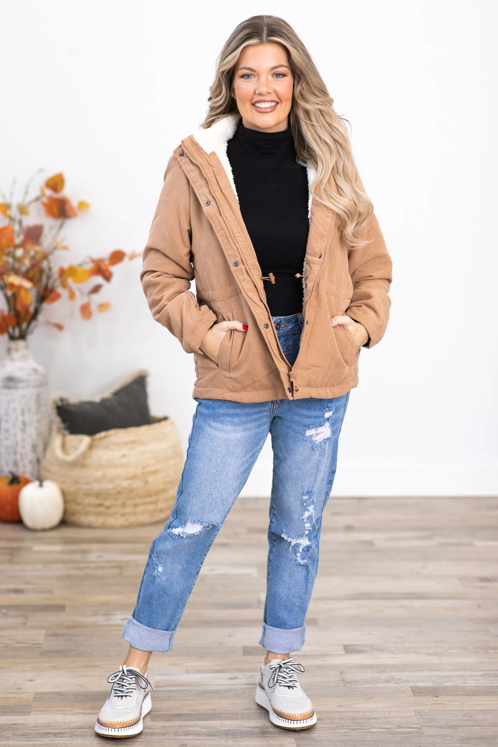 Tan Faux Fur Lined Hooded Jacket