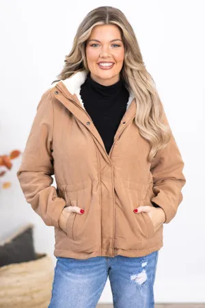 Tan Faux Fur Lined Hooded Jacket
