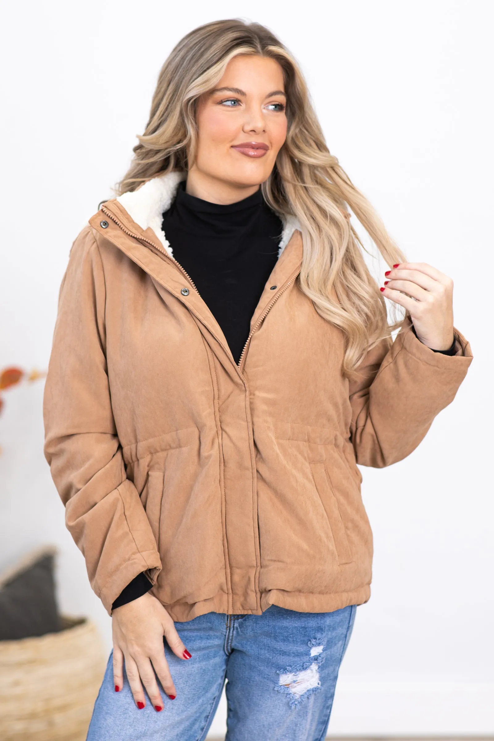 Tan Faux Fur Lined Hooded Jacket