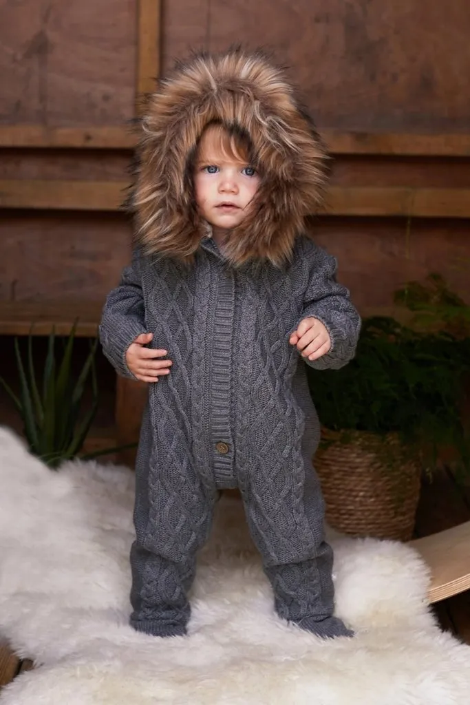 THE LITTLE TAILOR A/W Knitted Faux Fur Trim All In One - Charcoal