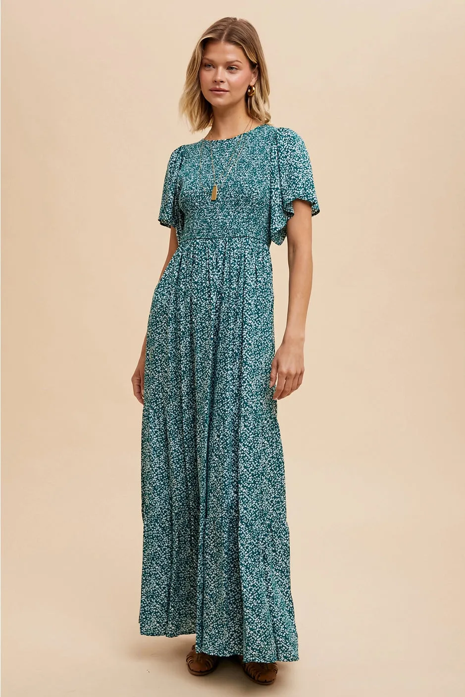 Tiered Floral Maxi Dress in Teal