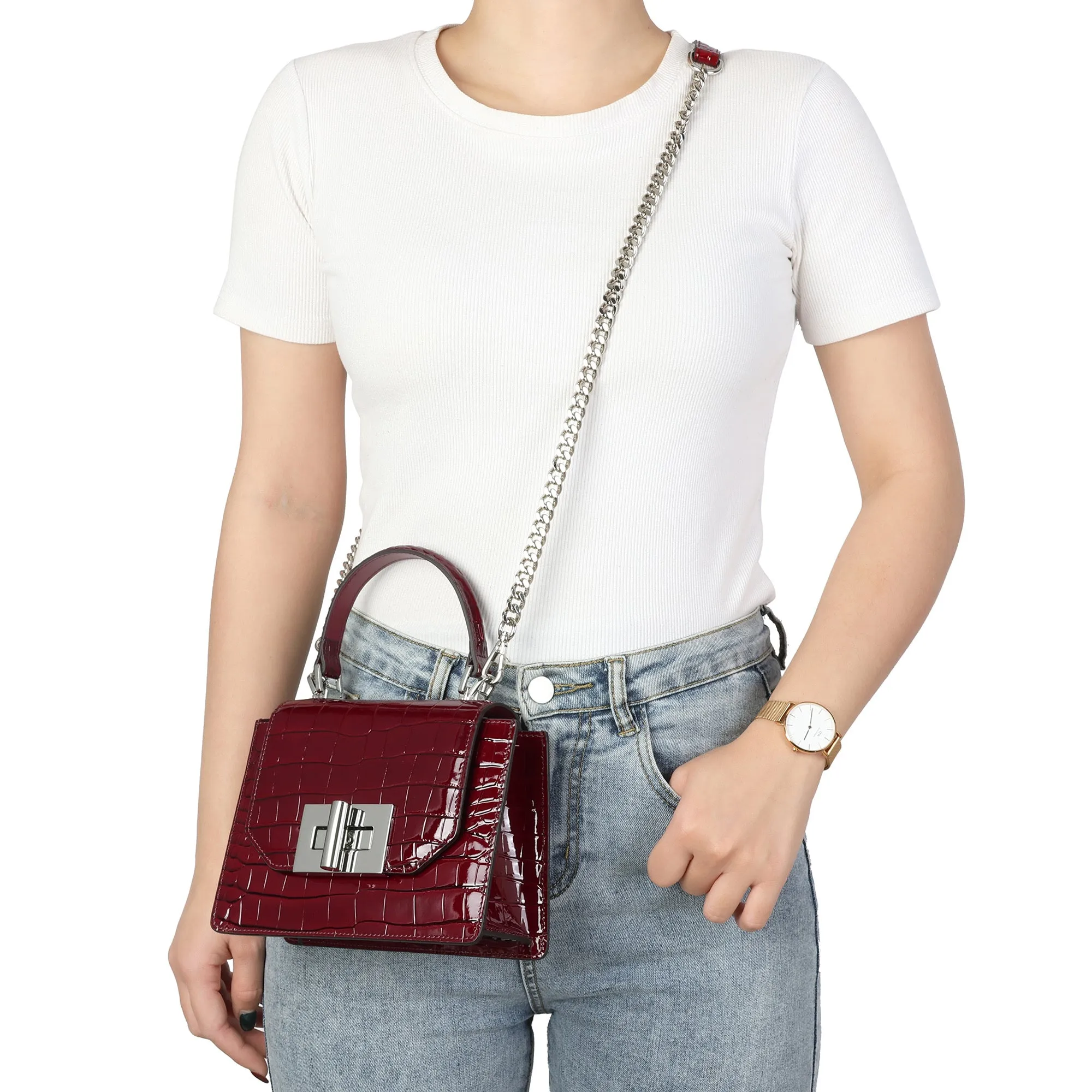 Tiffany & Fred Croco Embossed Patent Leather Satchel/Crossbody Bag