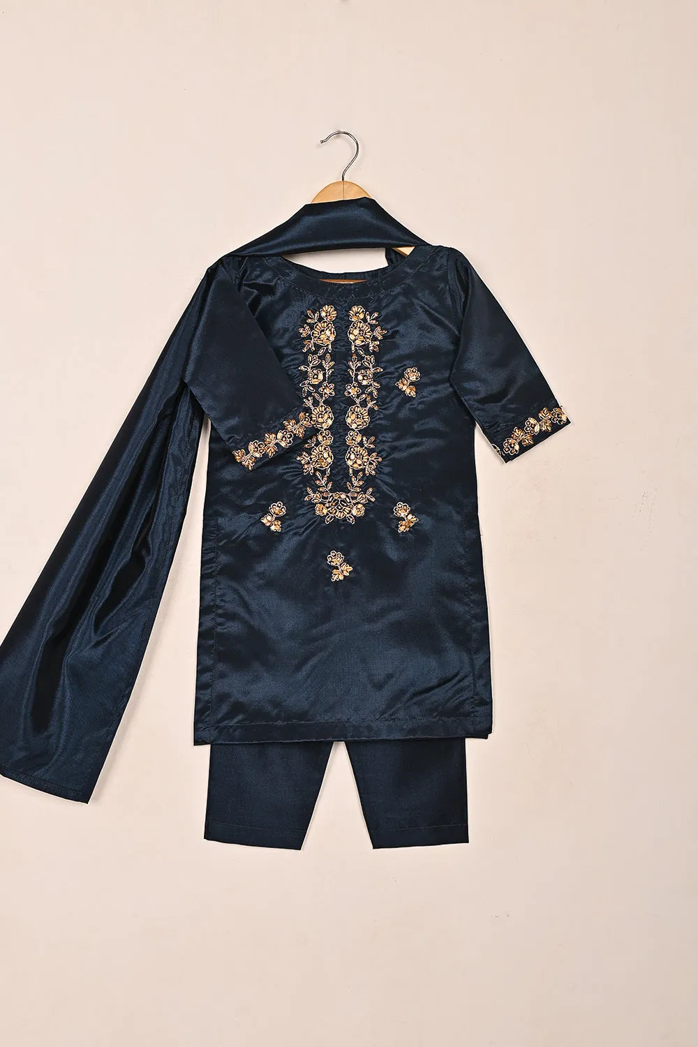 TKF-215-Navy Blue - Kids 3Pc Ready to Wear Silk Formal Dress