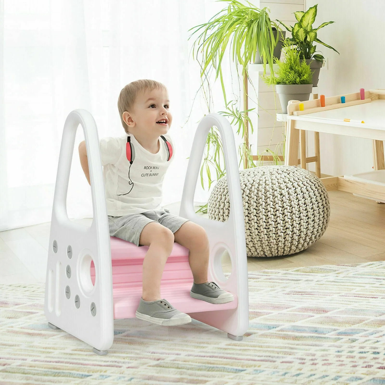 Toddler's Multi-Use Chunky and Funky Non Slip Plastic Step Stool | White & Pink