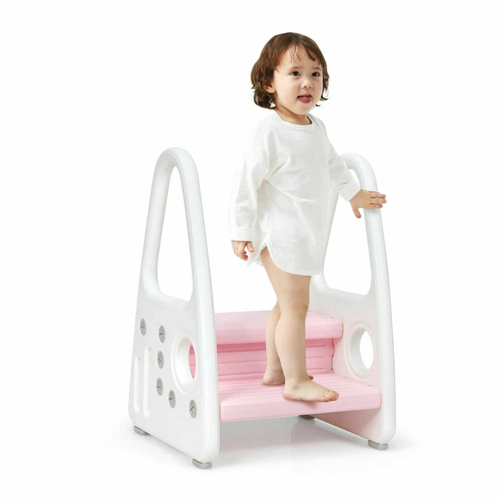 Toddler's Multi-Use Chunky and Funky Non Slip Plastic Step Stool | White & Pink