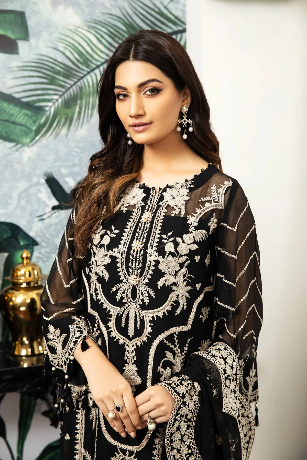 Traditionally Embellished Black Pakistani Salwar Kameez with Dupatta
