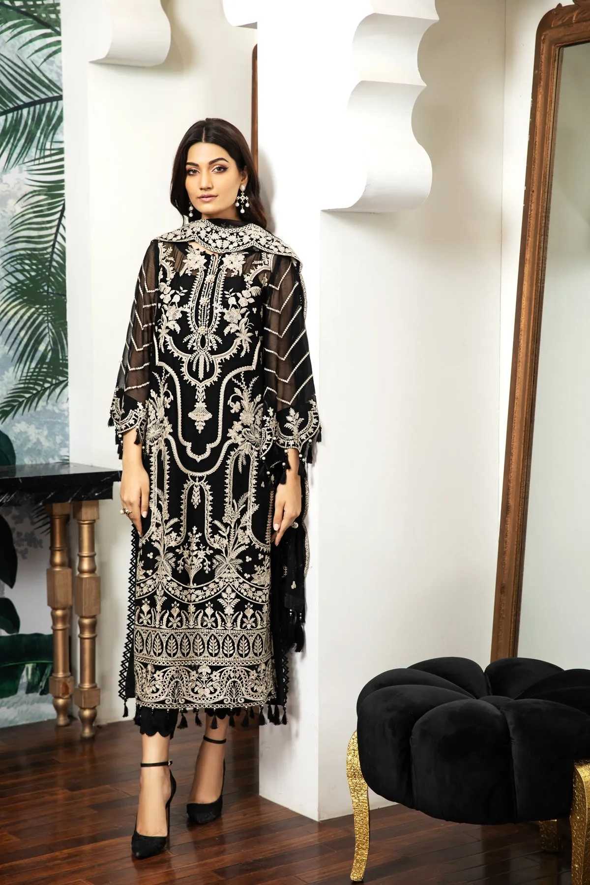 Traditionally Embellished Black Pakistani Salwar Kameez with Dupatta
