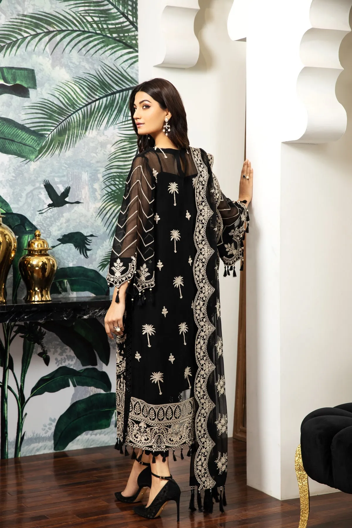 Traditionally Embellished Black Pakistani Salwar Kameez with Dupatta