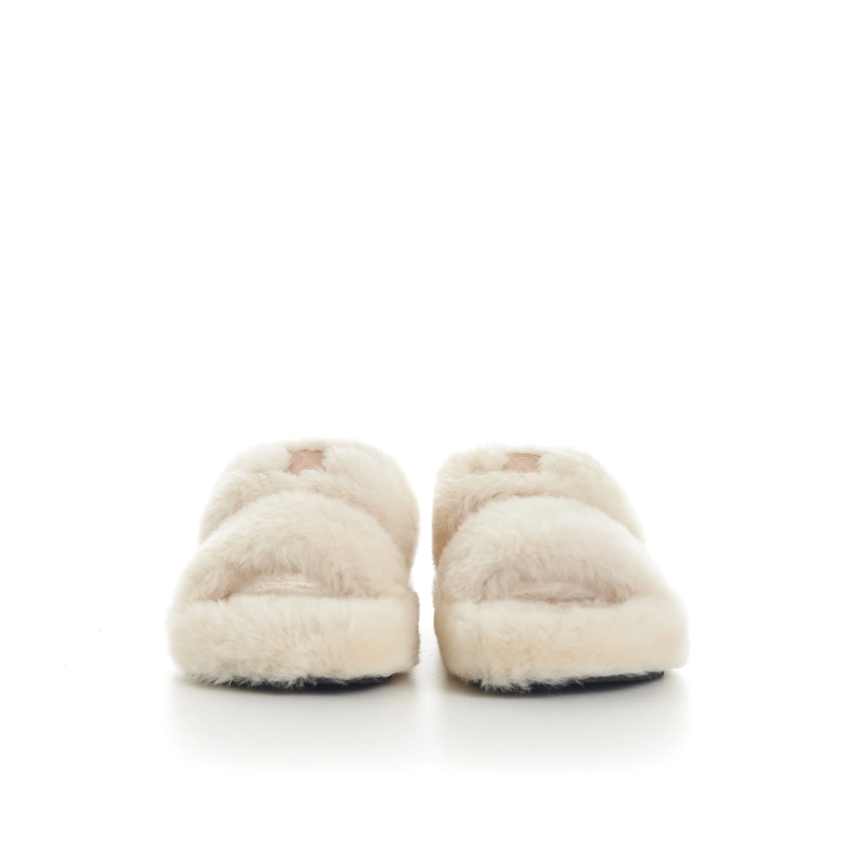 Triomphe Open Shearling Fur Slide Sandals - Signature Leather Patch