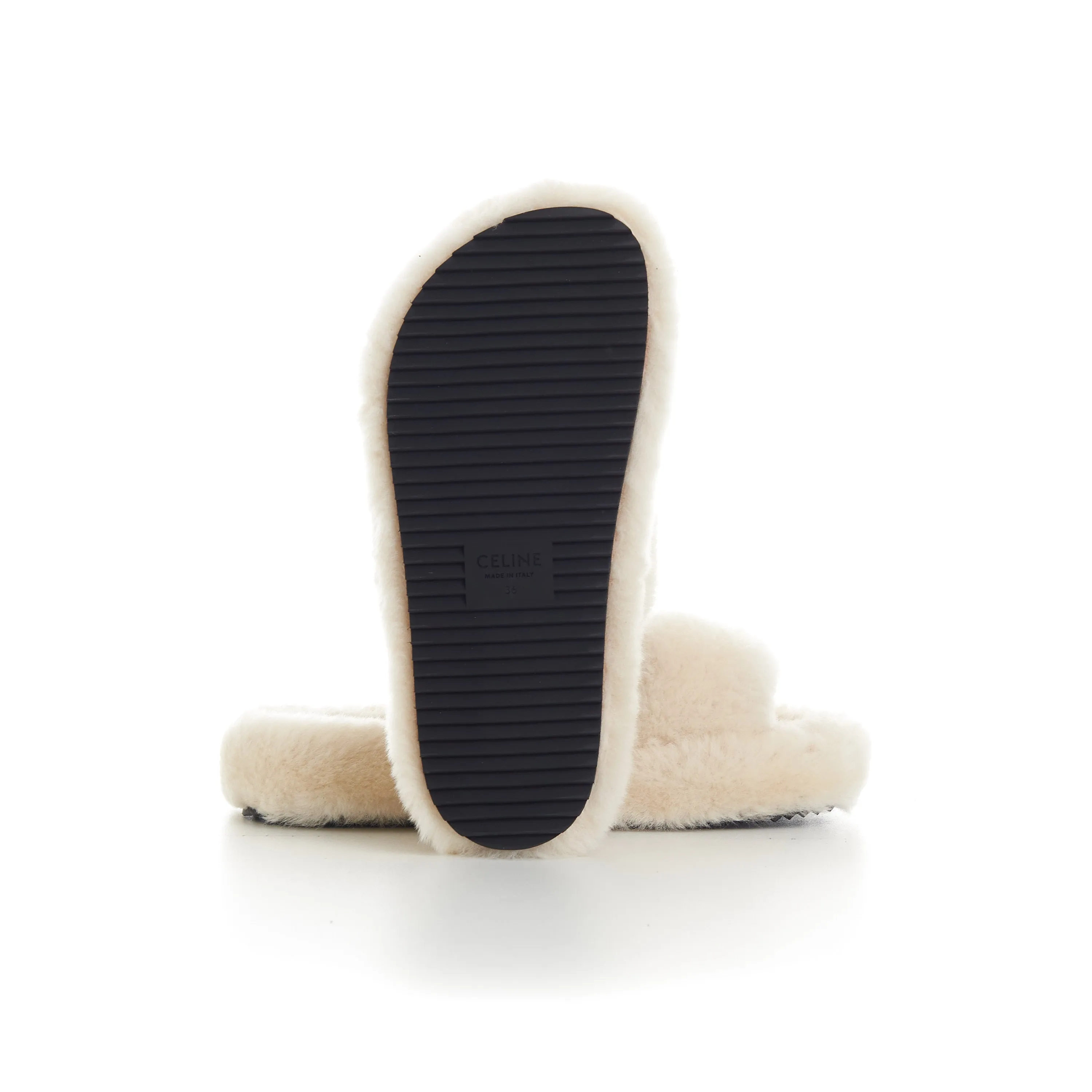 Triomphe Open Shearling Fur Slide Sandals - Signature Leather Patch
