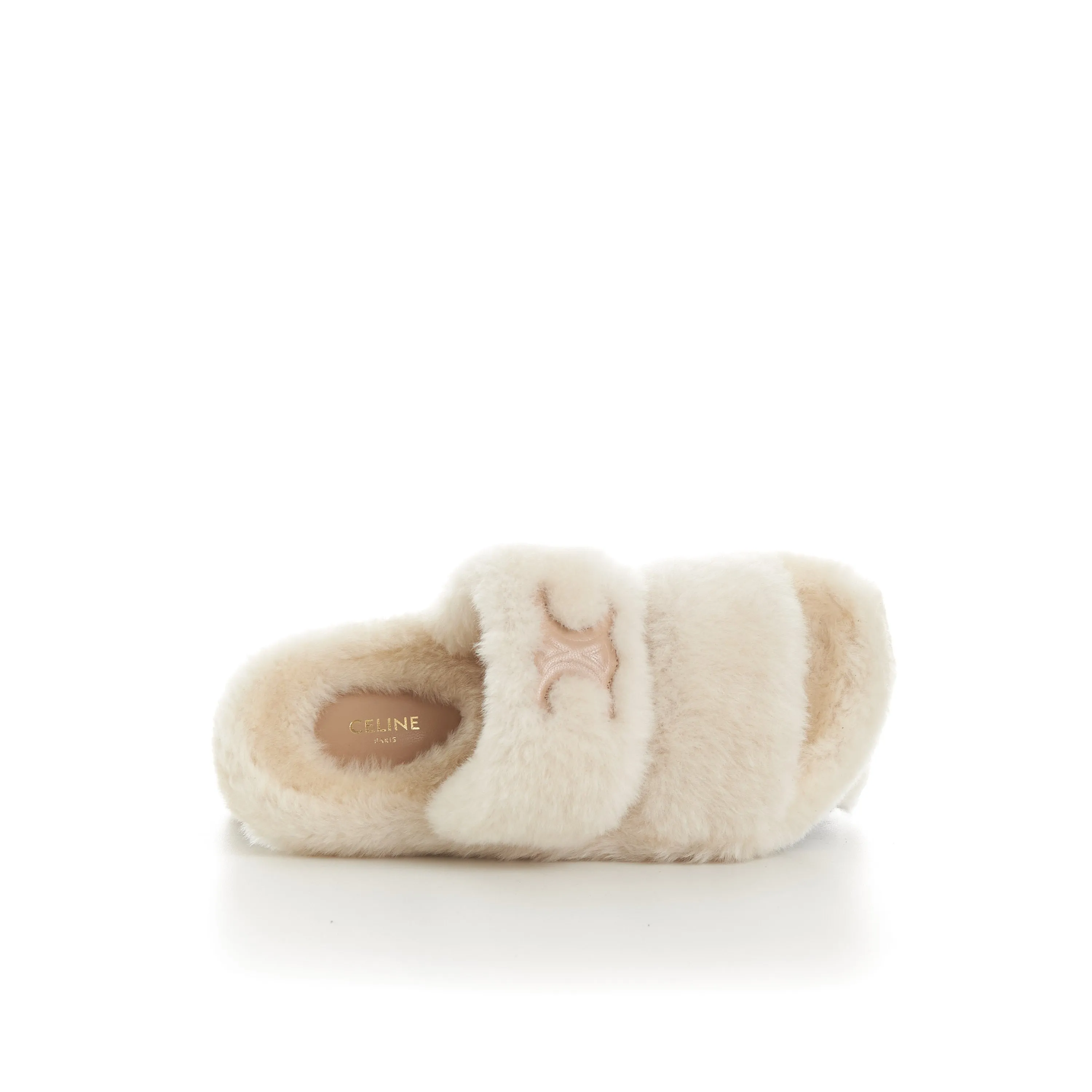 Triomphe Open Shearling Fur Slide Sandals - Signature Leather Patch